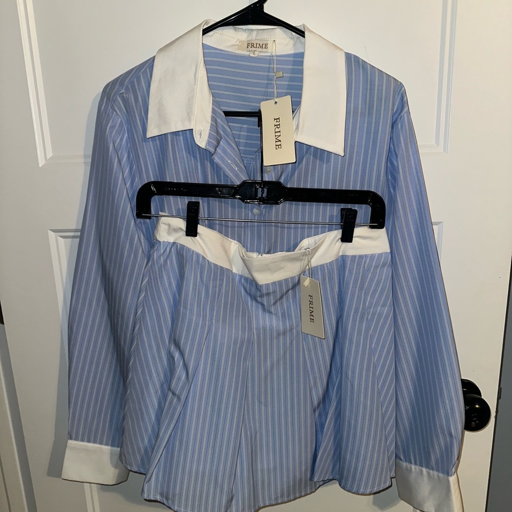 FRIME Blue and White Striped Shirt and Skort Set